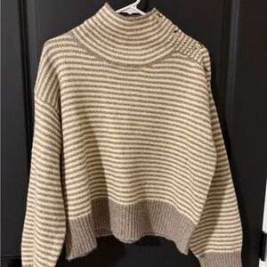 Striped Turtleneck Button-Shoulder Sweater in Cream and Taupe